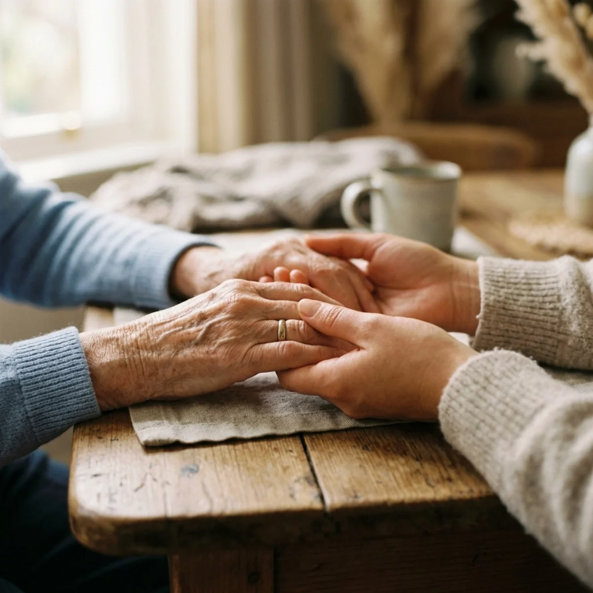 Elderly hands being held gently by a caregiver