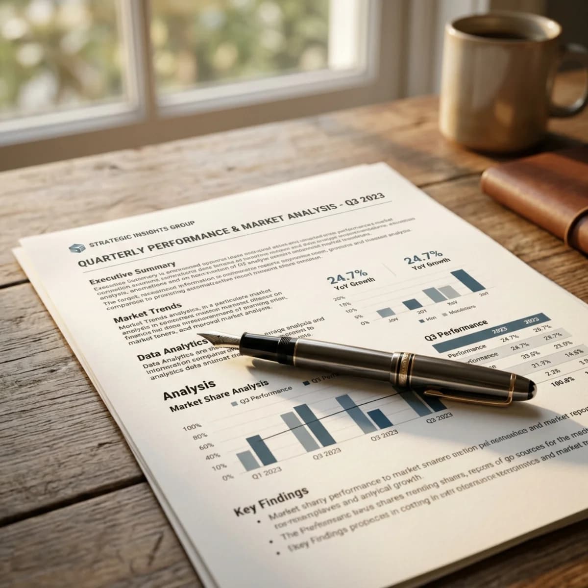 Close-up of a professional analytical report on a desk with a warm sunlight glow and a pen resting on paper