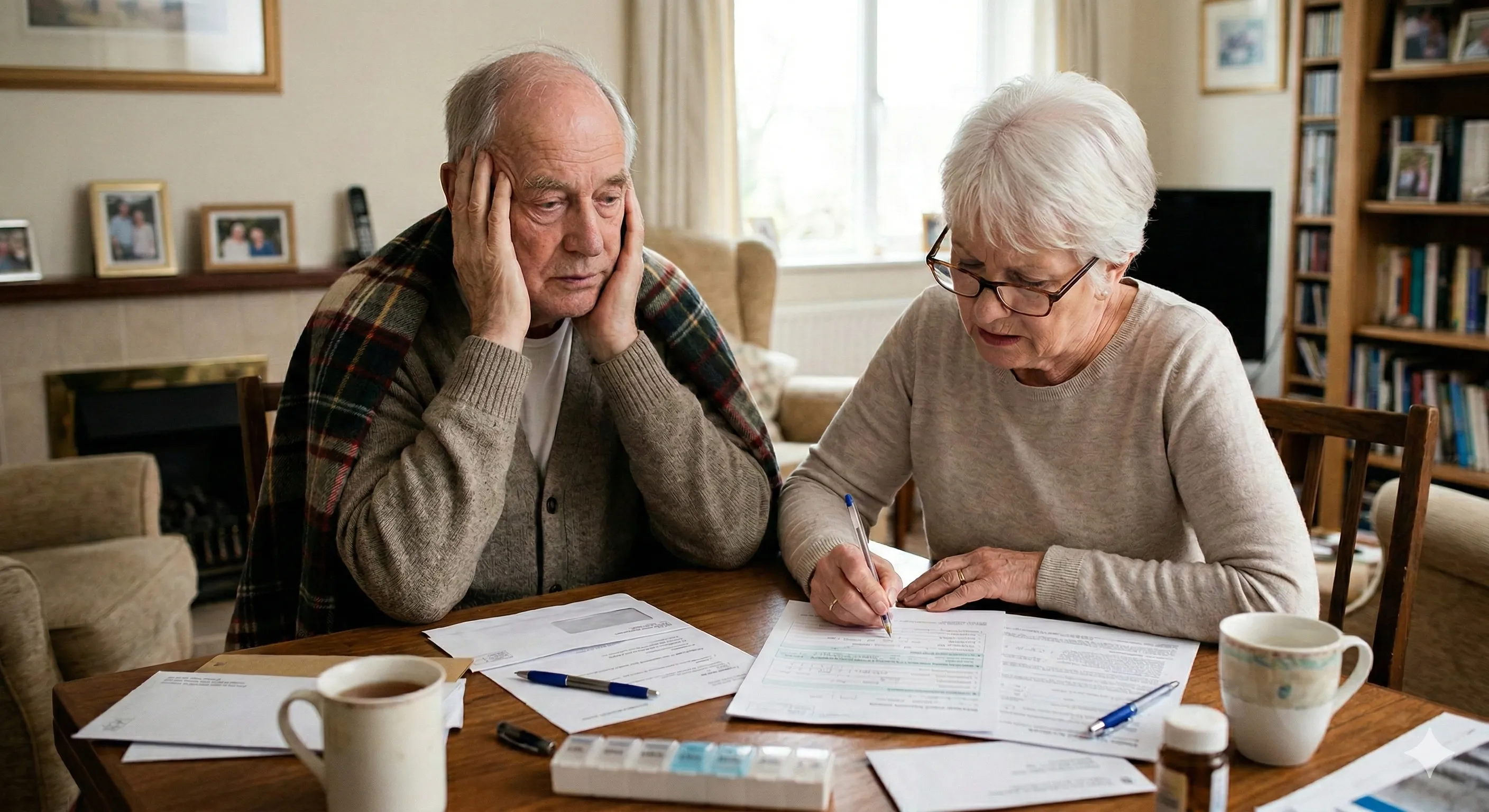 An older couple sitting together at a kitchen table reviewing paperwork, representing a family preparing for an NHS CHC local resolution meeting.