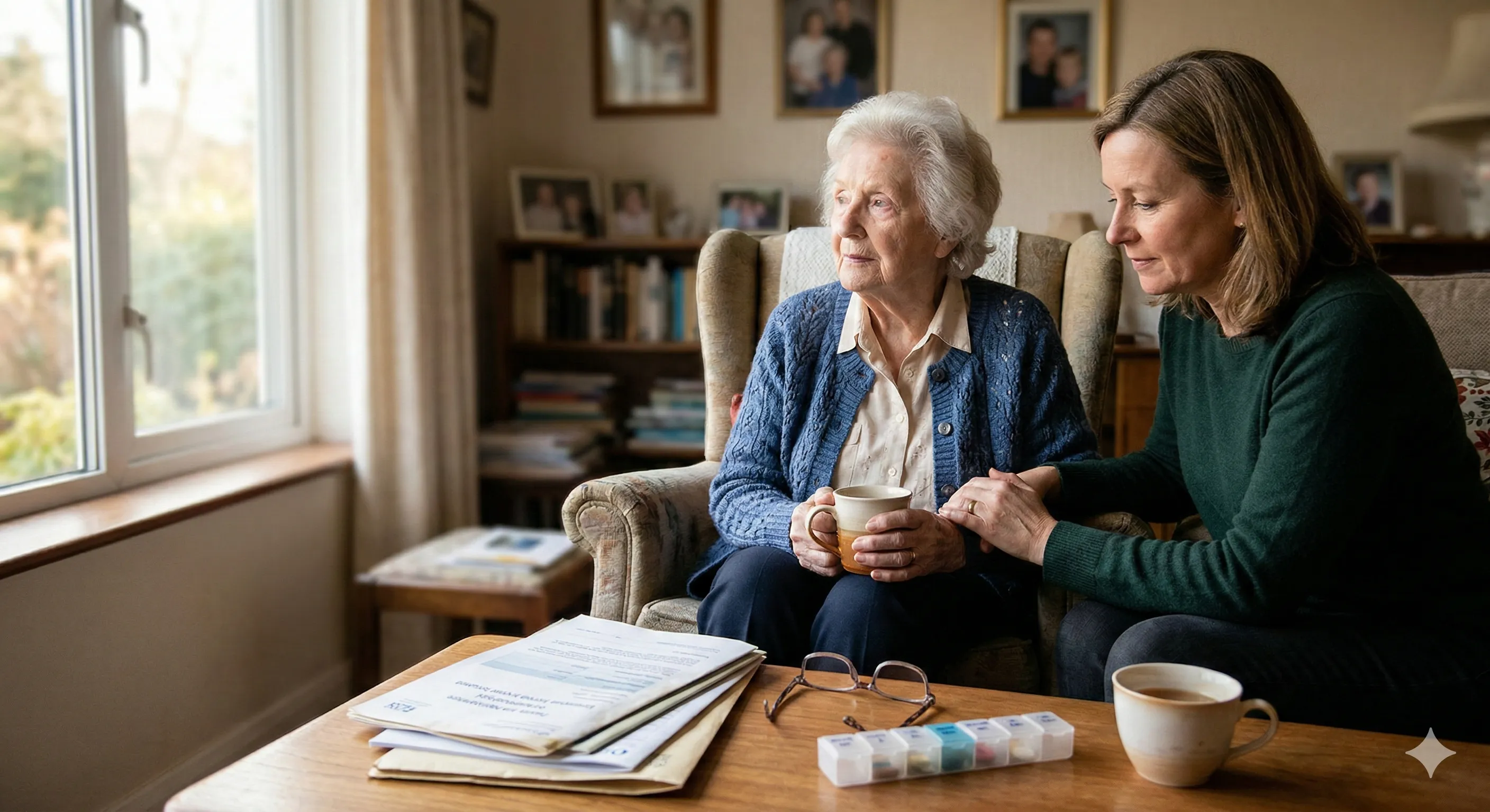 An older person with dementia and a family member sitting together at home, representing the family stakes behind common CHC funding mistakes.