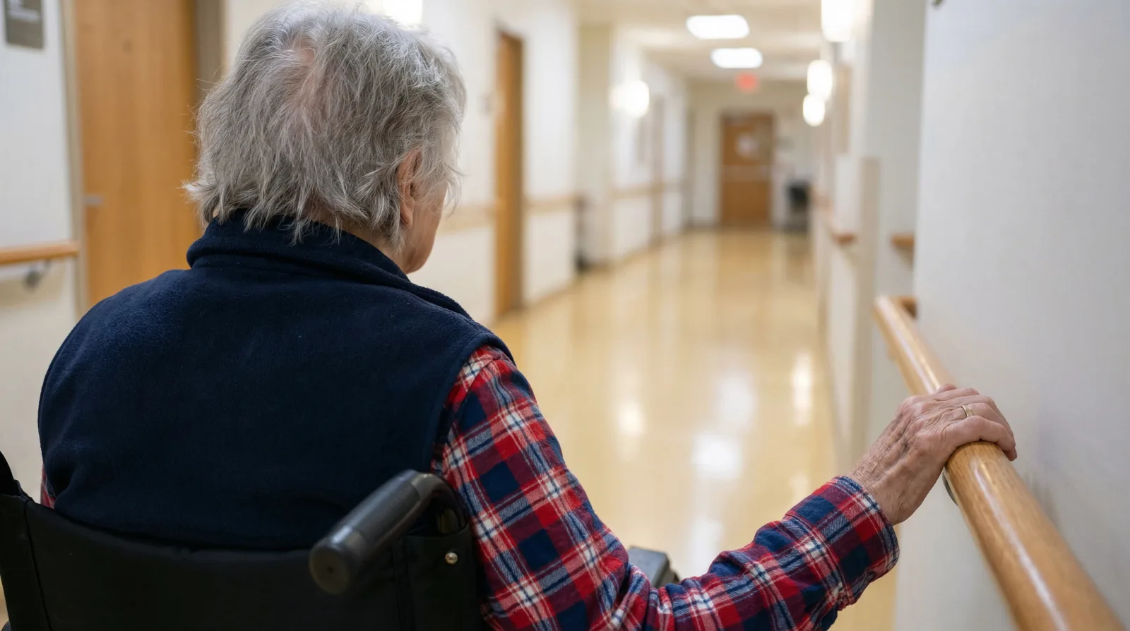 An older person in a wheelchair viewed from behind, hand resting on a wooden handrail in a quiet care home corridor — the everyday setting in which most DoLS authorisations are decided.