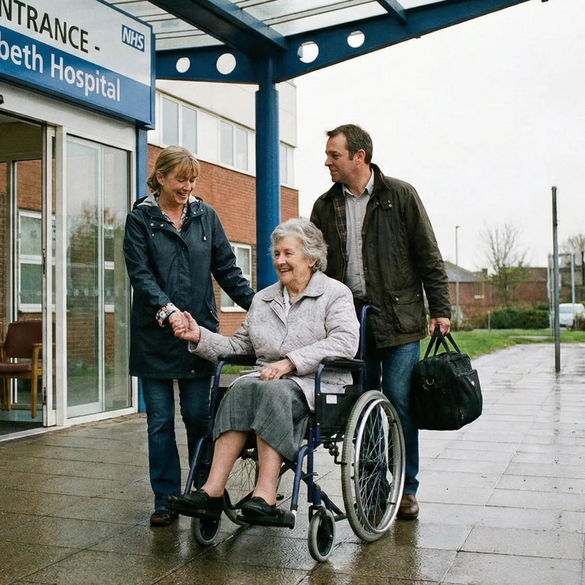 Elderly woman leaving hospital with adult children