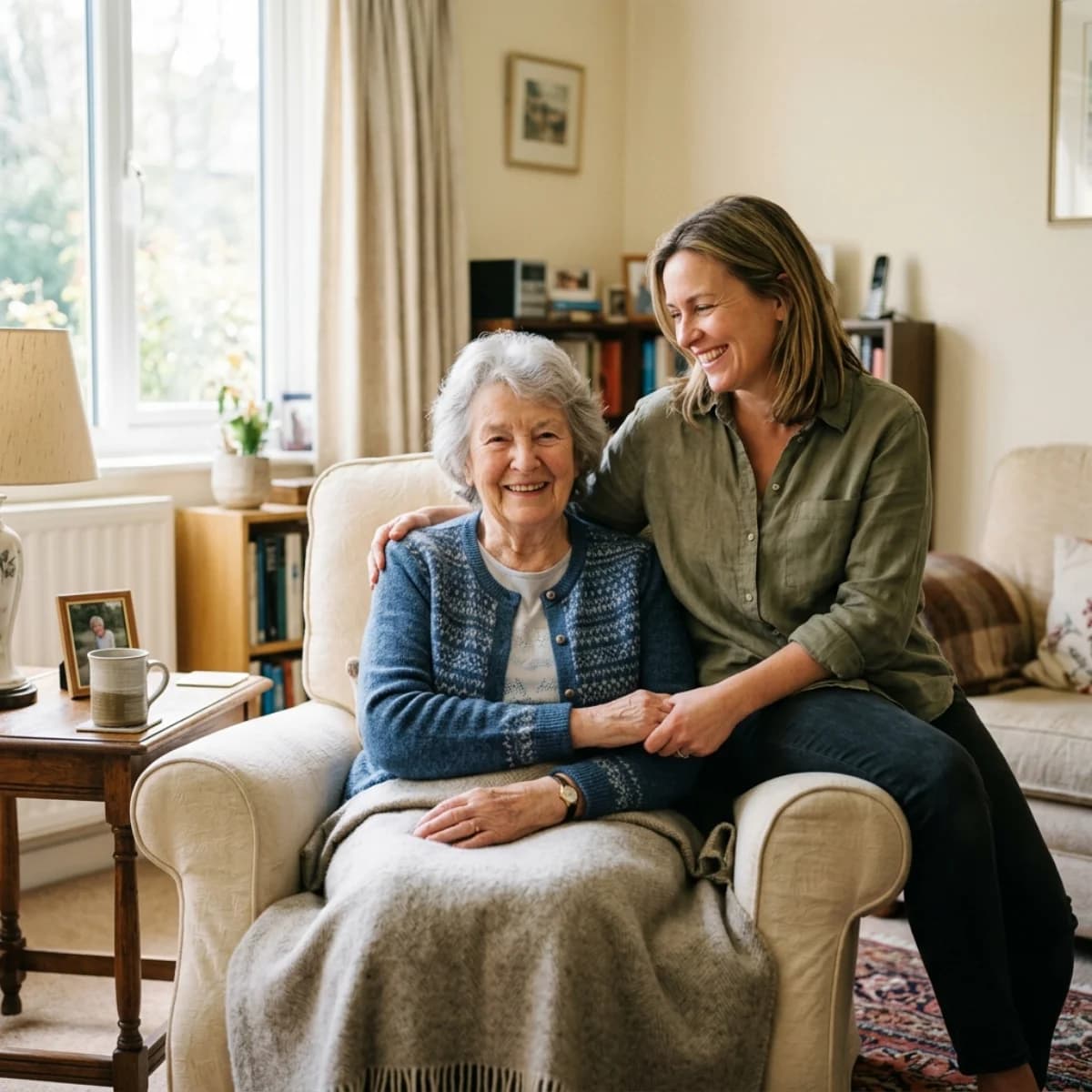 A family supports an elderly relative — representing the citizen voice work Llais Wales does for NHS Wales families navigating CHC. (Welsh: Teulu yn cefnogi perthynas oedrannus.)